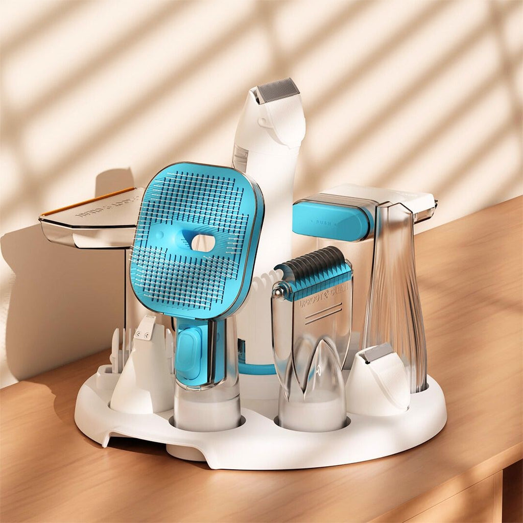 Grooming kit attachments in a white holder