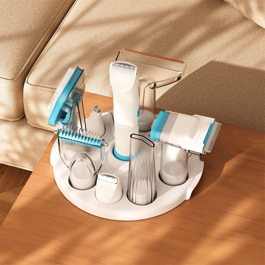 Grooming kit attachments in a white holder