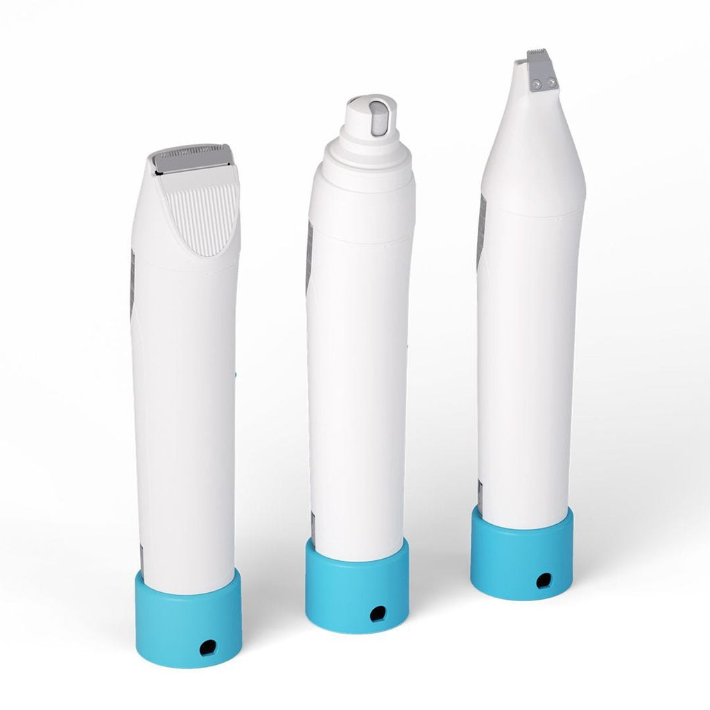 White grooming-kit trimmer attachments on a light background